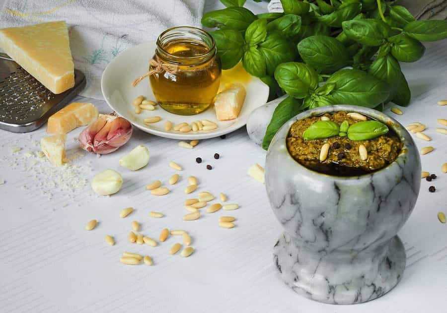 Genoese pesto at a working marble mortar table, food photograph 3